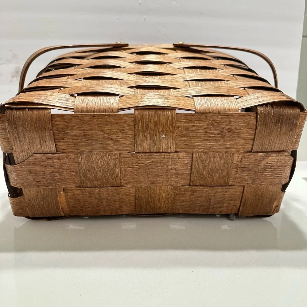 Vintage Dark Brown Woven Basket Wooden‎ Handles Rectangle Skinny Brass Hardware
